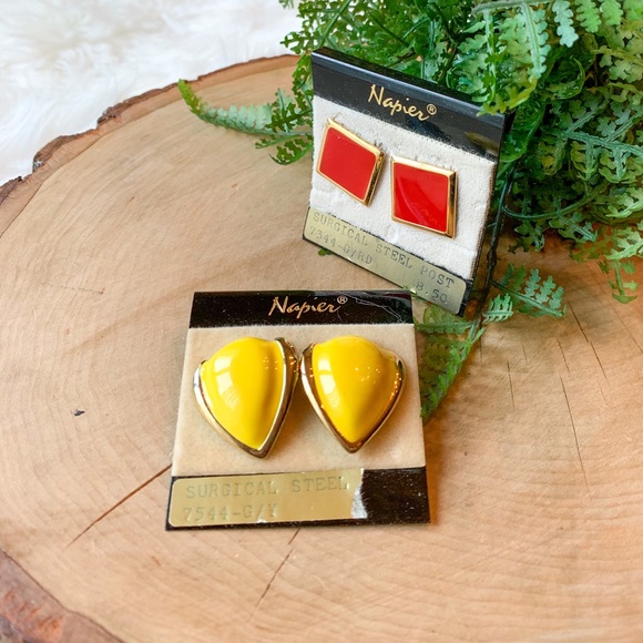 Vintage Napier Gold Chunky Red Yellow Lot Earring - Picture 2 of 3